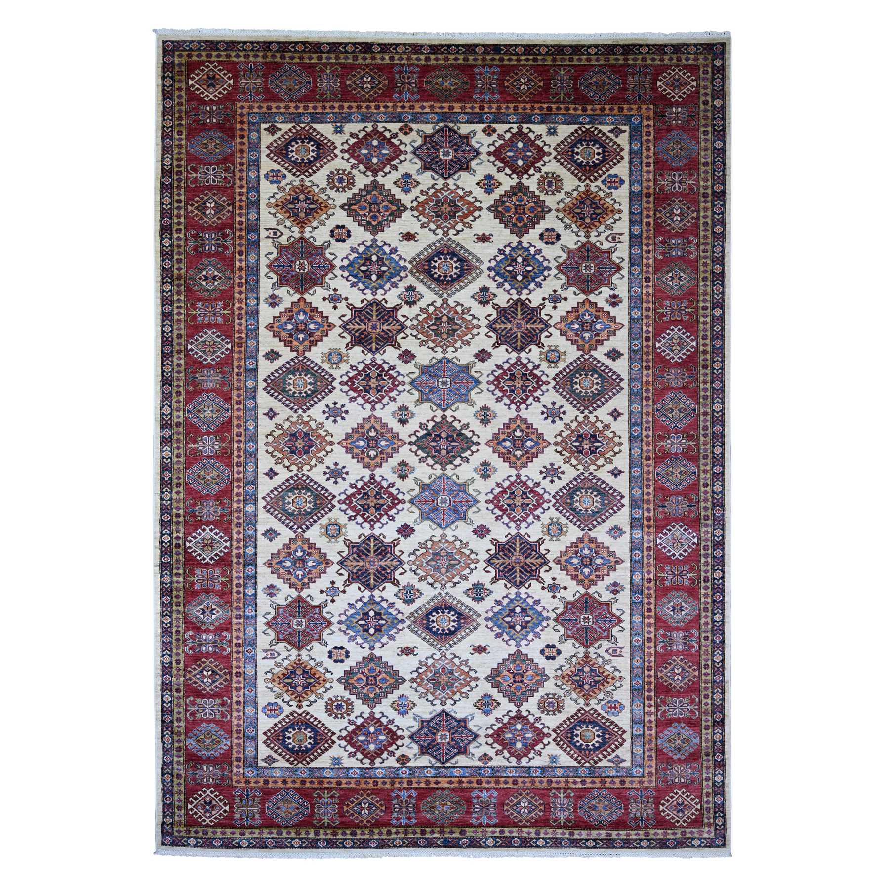 Alabaster White, Afghan Super Kazak with Geometric Medallions Design, Hand Knotted, Pure Wool, Vegetable Dyes, Oriental Rug